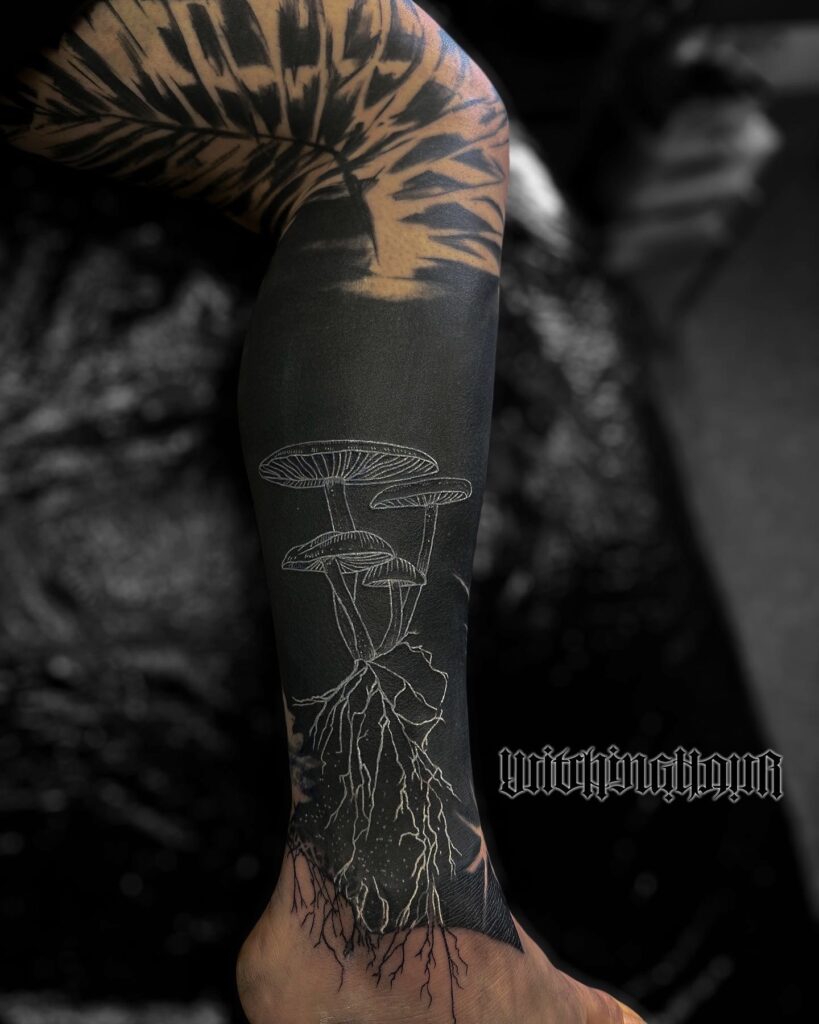 Botanical Tattoo, Blackwork Tattoo, Negative Space Tattoo, White on Black Tattoo by Bobby Grey