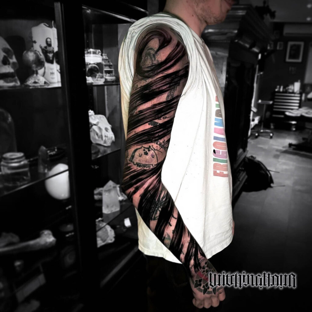 Brushstrokes Sleeve Tattoo by Bobby Grey, Freehand Tattoo