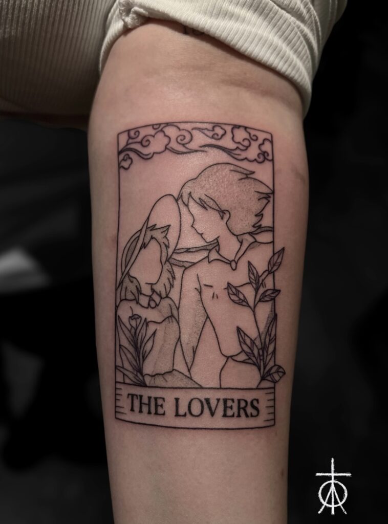 The Best Fine Line Tattoo Artist, Howls Moving Castle, The Lovers Tattoo, Anime Tattoo by Claudia Fedorovici
