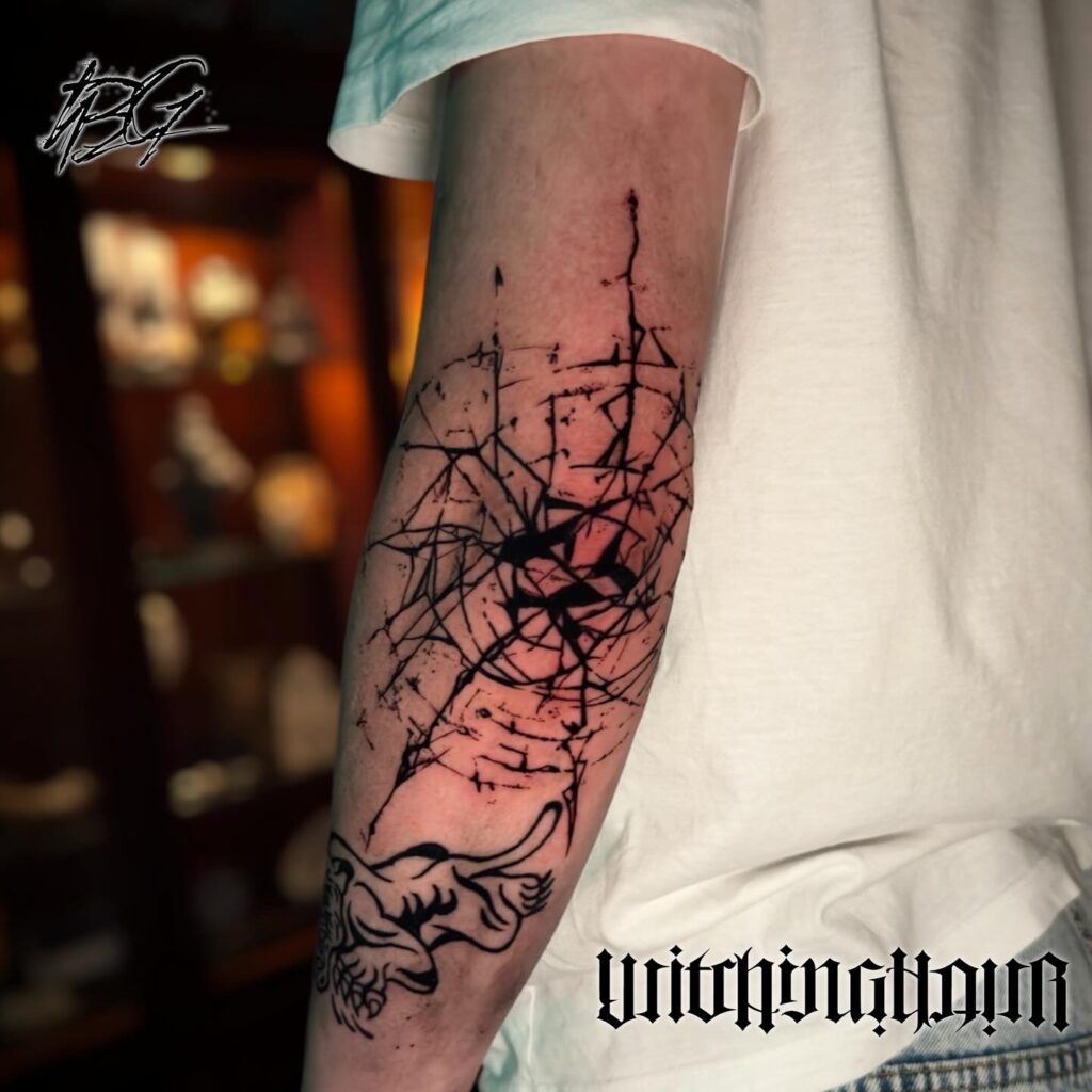 Freehand Tattoo, Blackwork Tattoo, Shattered Glass Tattoo, Abstract Tattoo, Elbow Tattoo