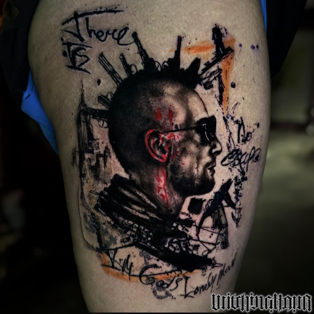 Taxi Driver Tribute Tattoo, Trash Polka Tattoo, Abstract Tattoo, Abstract Realism Tattoo by The Best Tattoo Artist Bobby Grey