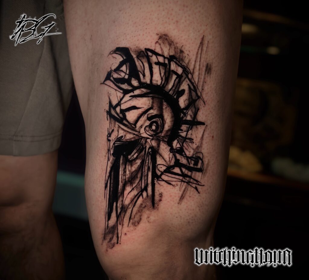 Abstract Tattoo, Spartan Helmet Tattoo, Sketch Tattoo, Blackwork Tattoo by Bobby Grey
