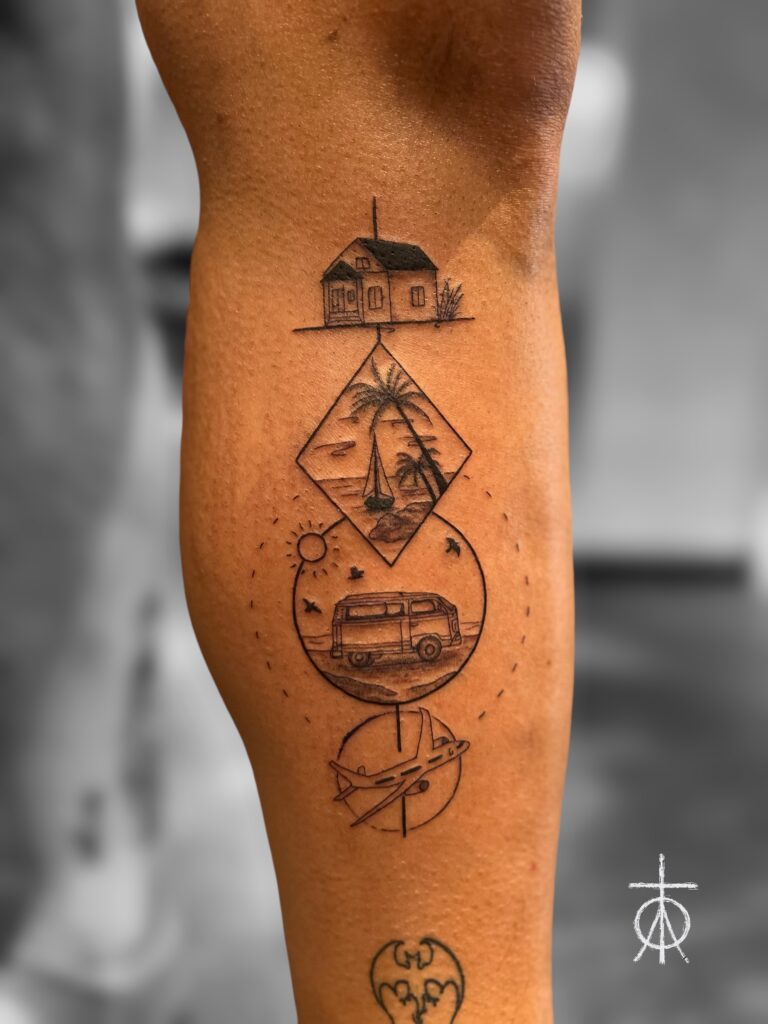 Travel Tattoo by our Best Fine Line Tattoo Artist Claudia Fedorovici